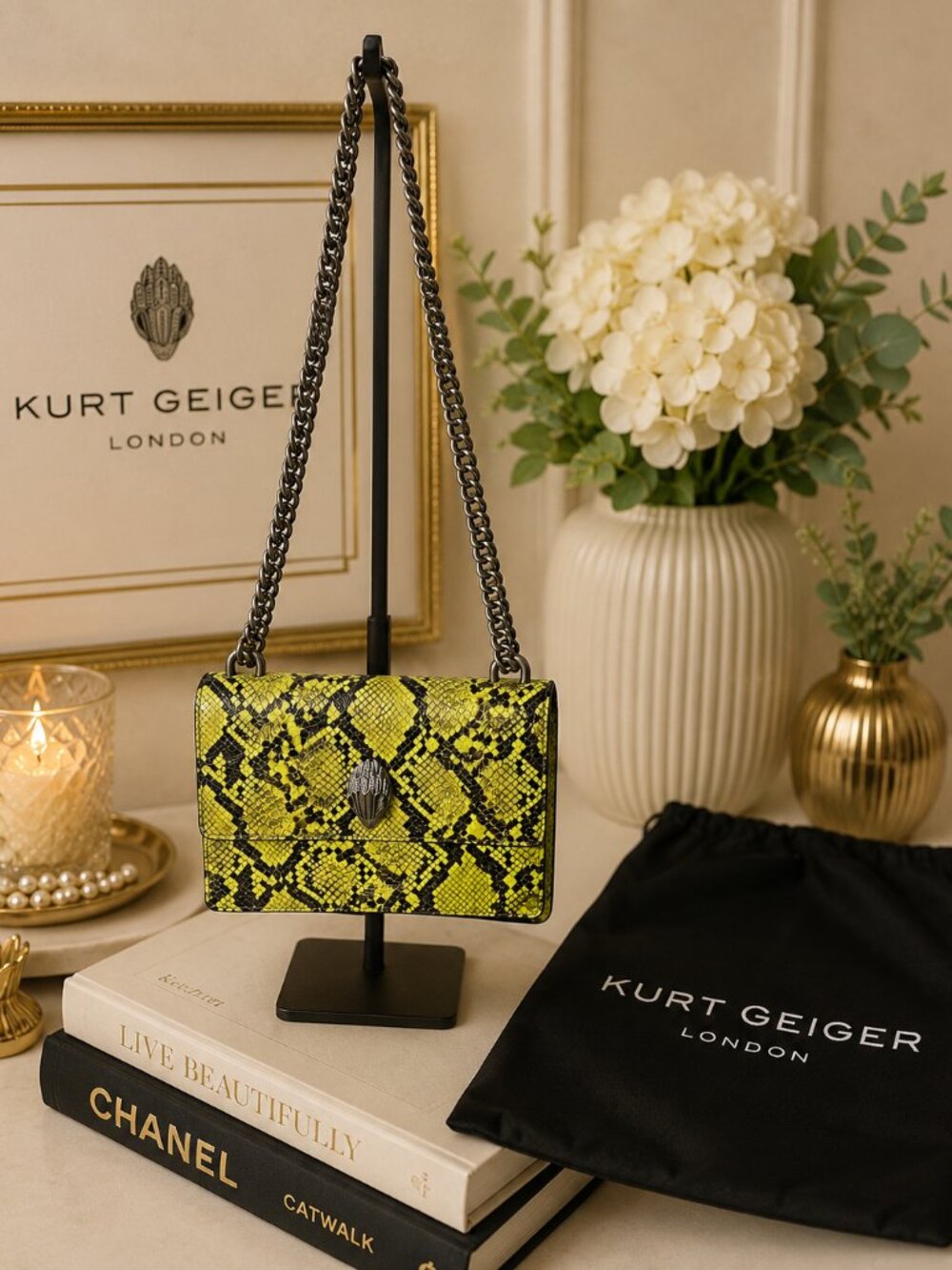 Kurt Geiger Shoreditch Small Crossbody Snake Print Neon Yellow GORGEOUS - Picture 1 of 10